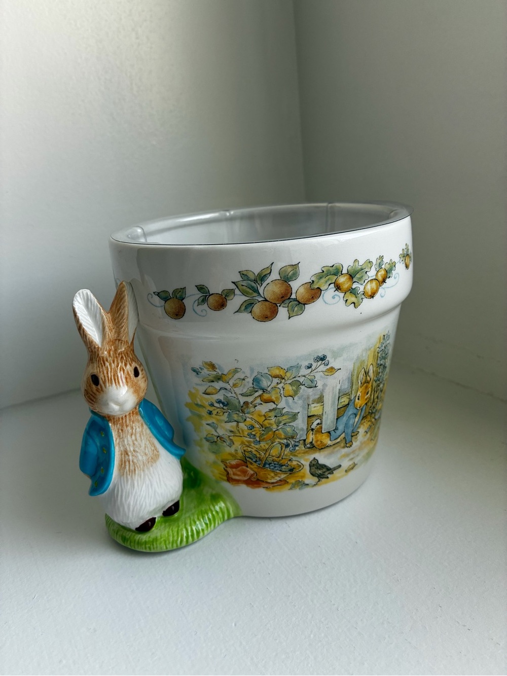Vintage 1997 Peter Rabbit Planter Pot with Garden Illustration